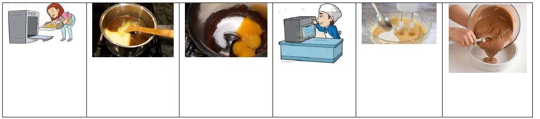 Fiche d'activité : six images à remettre dans l'ordre pour préparer un gâteau (mettre au four, faire fondre, mélanger, four à micro-ondes, fouetter, verser)
